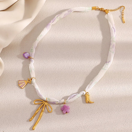 Dreamshow Summer Fashion Silk Ribbon Bow Charm Necklace 18k Gold Plated Fashion Jewelry