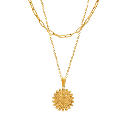 Hypoallergenic Stainless Steel Jewelry Embossed Heart Sun Lace Double Layer Clavicle Chain 18K Gold Stainless Steel Necklace