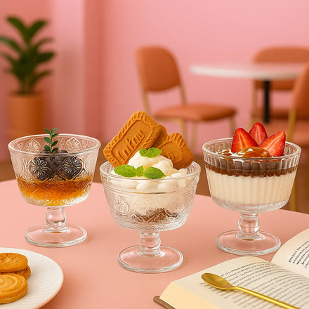 Chien Keng Vintage Embossed Hand Blown Lead-Free Glass Goblet Breakfast Bowl Drinkware 200-300ml Dishwasher Safe Transparent