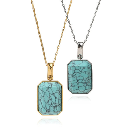 2025 New Fashion Natural Square Turquoise Pendant Long Chain Necklace for Women Jewelry Factory Wholesale
