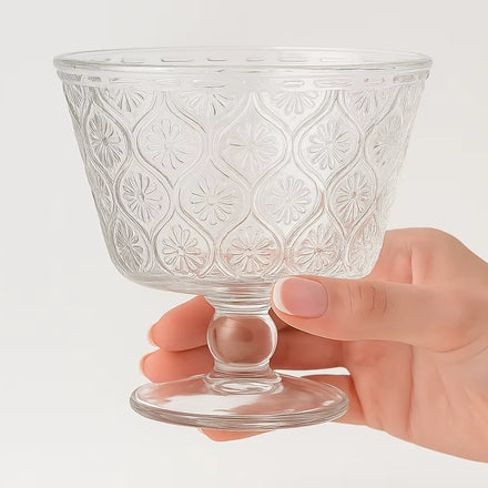 Classic Luxury Transparent Handmade Embossed Glass Goblet Bowl Hand Blown Drinkware for Ice Cream Dessert Salad Yogurt Party Use