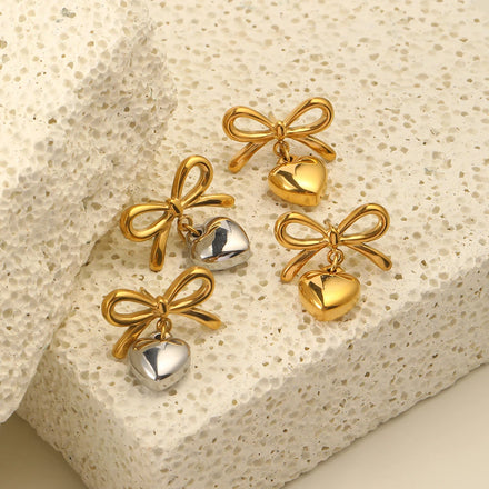 Dreamshow Fashion Bow Heart Stud Earrings for Women 18k Gold PVD Plated Stainless Steel Jewelry Women