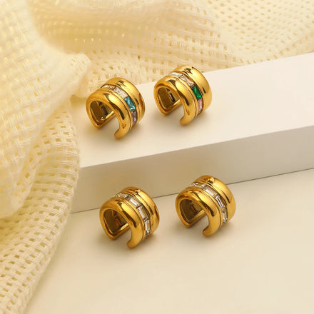 Dreamshow Dainty Colorful Zircon Ear Cuff 18k Gold Plated Fashion Cuff Earring Waterproof Stainless Steel Jewelry