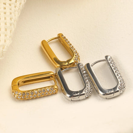 Dreamshow Shining Zircon Square Huggies Earring 18k Gold Plated Jewelry Stainless Steel Fashion Earrings