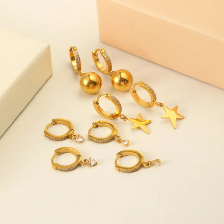 Dreamshow Dainty Zircon Huggies Earrings Set Star Water Drop 18k Gold Plated Stainless Steel Jewelry