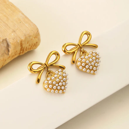 Dreamshow Fashion Imitation Pearl Heart Drop Bow Stud Earrings 18k Gold Plated Stainless Steel Jewelry