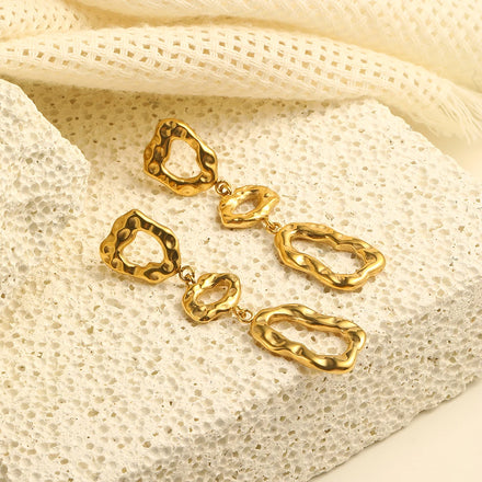 Dreamshow Vintage Hammered Drop Earrings Fashion 18k Gold Plated Stud Earrings Tarnish Free Stainless Steel Jewelry