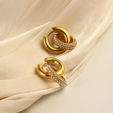 Dreamshow Shining Zircon Donut Hoop Earring Waterproof Non Tarnish 18k Gold Plated Stainless Steel Hypoallergenic Earrings