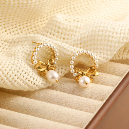 Dreamshow Fashion Pearl Tassel Bow Stud Earring for Women 18k Gold Plated Hypoallergenic Earrings Stainless Steel Jewelry