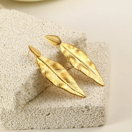 Dreamshow Fashion Leaf Statement Earring 18k Gold Plated Stud Drop Earring Waterproof Non Tarnish Stainless Steel Jewelry
