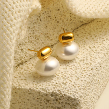 Dreamshow Dainty Imitation Pearl Stud Earring for Women Fashion 18K Gold Plated Stainless Steel Jewelry