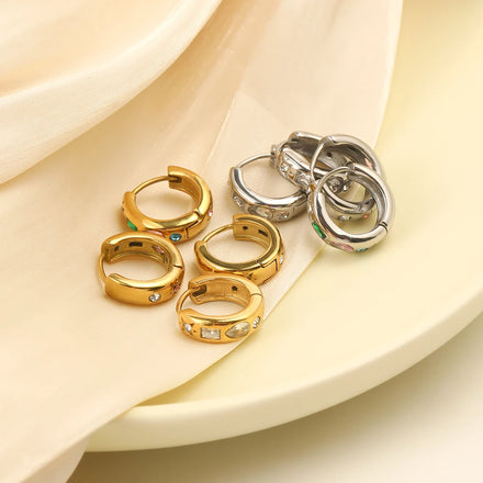 Dreamshow Colorful Zircon Hoop Huggies Earrings 18k Gold Plated Stainless Steel Hypoallergenic Earrings