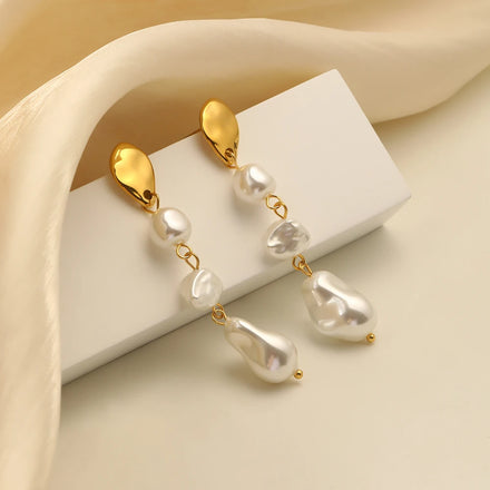 Dreamshow Imitation Pearl Chain Stud Earring Fashion Jewelry Women Gold Plated Stainless Steel Earring