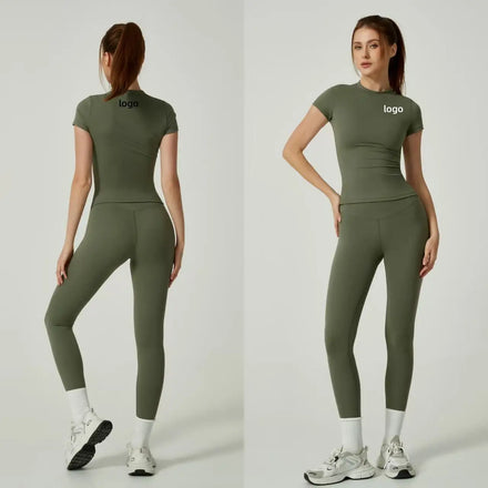Lanyu Two-Piece Women's Sports Set Breathable Elastic Waist Short-Sleeved Pants Lightweight Plus Size Gym Fitness Exercise