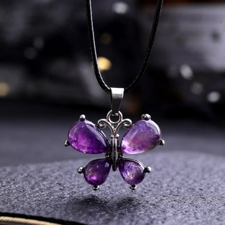 Fashion Trendy Vintage Natural Stone Butterfly Necklace for Women Party Wax Leather Rope Chain Pendant Jewelry