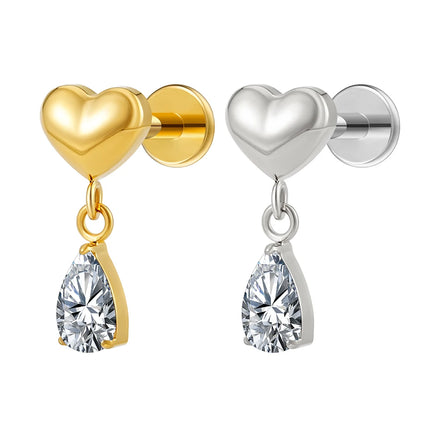 Fine Stud Earrings CZ Teardrop Heart Piercing Titanium Internal Thread Gold PVD Plated Fashion Body Jewelry Women Gift