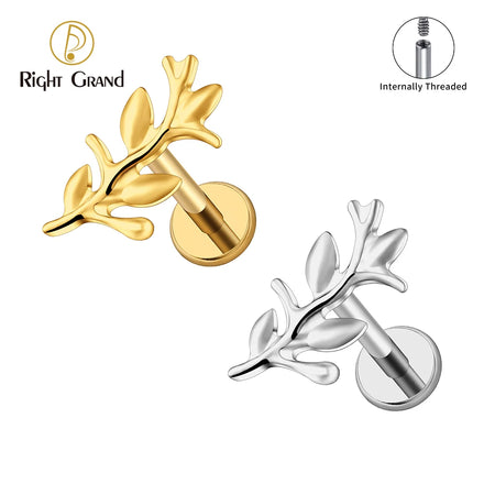 Daily Wear Leaf Shape Internally Threaded Body Piercing Jewelry ASTM F136 Titanium PVD Gold Flat Base Lips Cartilage Earring