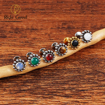 Flower Labret Natural Stone Body Piercing Fashion Jewelry ASTM F136 Titanium 10mm Opal Stud Earring Cartilage Tragus Conch