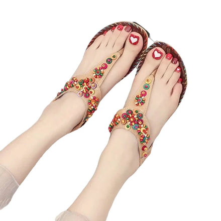 Wholesale Beaded Sandals Flat Heel Women's Shoes Sweet Ethnic Style Flip-flops Flat Sandals