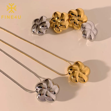 Hypoallergenic Waterproof Flower Pendant Stainless Steel Necklace Earrings Jewelry Sets Hollow Women Fashion Gold Stud Earrings