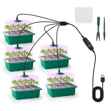CE & RoHS 5-Pack Indoor Seed Starter Tray with Plastic Grow Light Humidity Dome & 4 Timers for Indoor Gardening