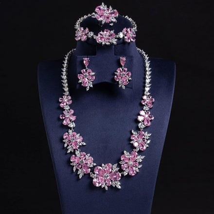 Luxury Flower Design 4pcs Necklace and Earring Sets Cubic Zirconia Dubai Nigeria Women Bridal Wedding Jewelry Sets S-0056