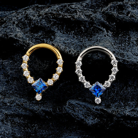 Square Sapphire Blue Fine Earrings Hinged Segment Daith Nose Ring Cubic Zirconia Piercing Body Jewelry Pvd Gold Plated Earlobe