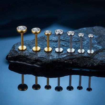 Modern Simple Style Cz Ear Piercing Earrings F136 Bezel Setting Titanium Flat Back Labret Studs 1.2mm Internally Threaded