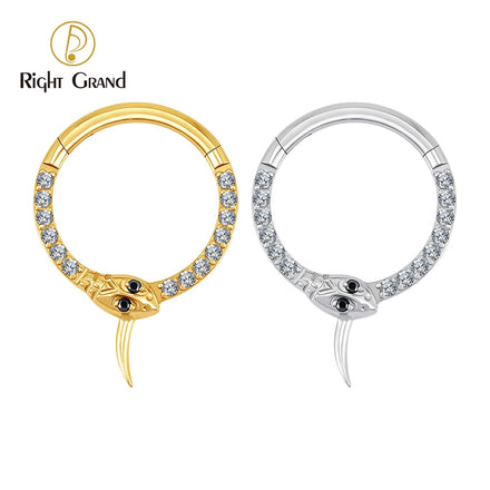 CZ Snake 16G Hinged Septum Clicker 5A Cubic Zirconia Party Jewelry Nose Ring 8mm 10mm ASTM F136 Titanium PVD Gold