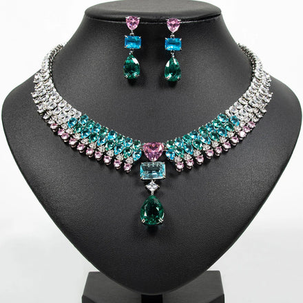 New Cubic Zirconia Big Water Drop Jewelry Sets for Women Elegant Blue and Pink Stones Necklace Earrings Wedding Accessory S-0053