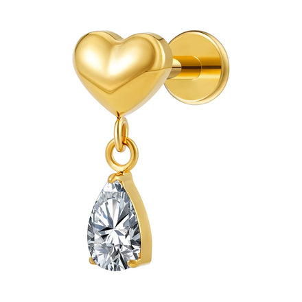 Right Grand ASTM F136 Titanium 16G Internal Thread Heart Cartilage Earring with Dangling Teardrop Labret Stud Piercing Jewelry