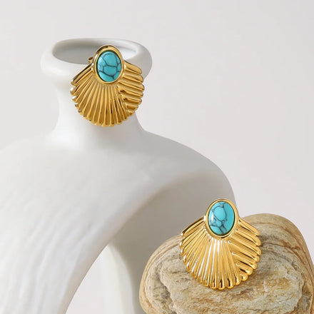Trendy Shell Earring Ocean Fashion Jewelry Earrings Stud Turquoise Natural Stone Rose Quartz PVD 18K Gold Stainless Steel