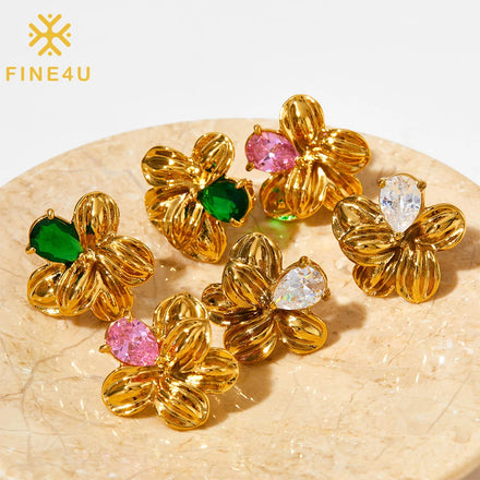 Wholase Vintage Pink Diamond Flower Shaped Stainless Steel Stud Earrings Waterproof Zircon Gold Metal Stud Earrings Women