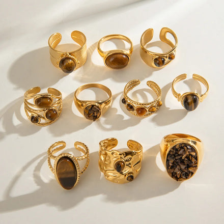 Fashion Luxury Stainless Steel Jewelry Gold Plated Ring Set Women Jewelry Round Oval Tiger Eye Hammered Open Ring