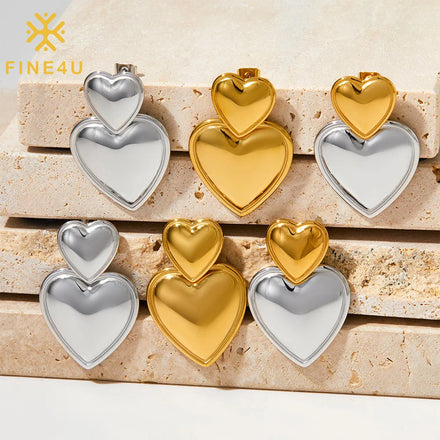 Trendy Double Heart Earring 18K Stainless Steel Gold Silver Plated Smooth Love Drop Earring for Women