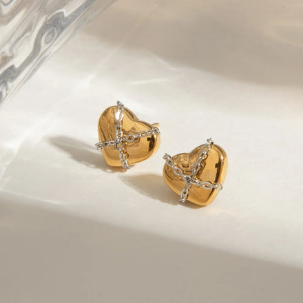 Custom Tarnish Free Fashion Jewelry 18K Gold Plated Stainless Steel Inlay Cross Chain Earrings Love Heart Stud Earrings Women