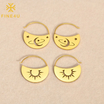 Popular Fashion Stainless Steel Electroplated 18K Gold Jewelry Earrings Custom Creative Sun Moon Stars Pendant Earrings Women