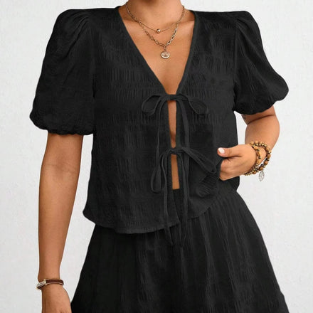 American Women's Summer Black One Set Breathable Short Sleeve Cardigan for Lounge Shorts Pajamas Top Bottom Clothing