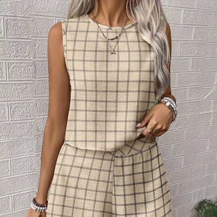 2025 Summer Fashion French-Style Casual 2-Piece Outfit Above Knee Sleeveless Vest Top Shorts Woven with Plain Dyed Technique