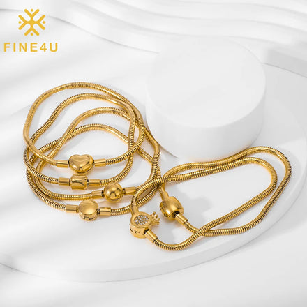 3mm Stainless Steel Snake Chain Bracelet for Lady 18k Gold Plating Crown Charm Heart Clasp Waterproof Fashion Jewelry