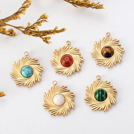 Retro Design Stainless Steel Sun Pendant Fashion Bohemian Charm With Natural Stone Textured Sunflower Natural Stone Charm