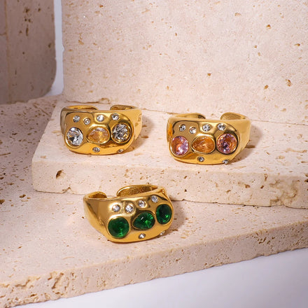 Wholesale Jewelry Vintage Stainless Steel Inlaid Colored Zircon Open Adjustable Ring PVD Plated 18K Gold Simple Finger Rings