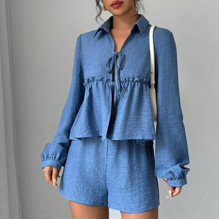 Women's Summer Pink for Lounge Set Long Sleeve Open Front Cardigan Drawstring Shorts Canvas Plain Dyed Sleepwear/Outdoor