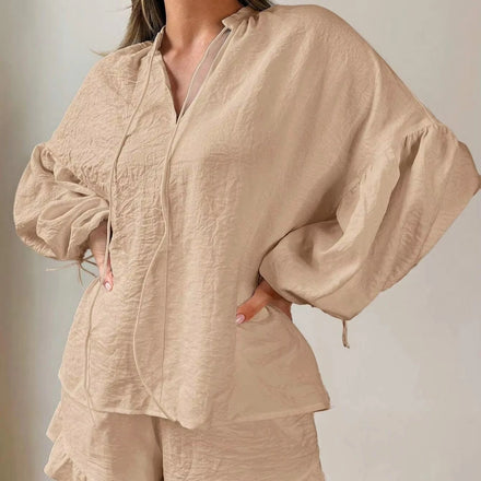 Women's Linen-Blend Relaxed V-Neck Two-Piece Set Puff Sleeve Top Wide-Leg Shorts Plain Dyed Canvas 2025 Summer Minimalist