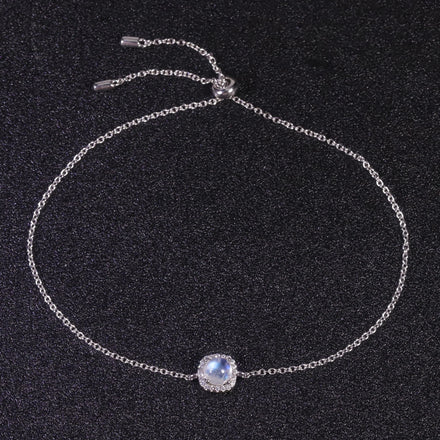 Wholesale Fine Jewelry Cz Square Halo 925 Sterling Silver Natural Moonstone Link Chain Charm Bracelet Anklets for Women