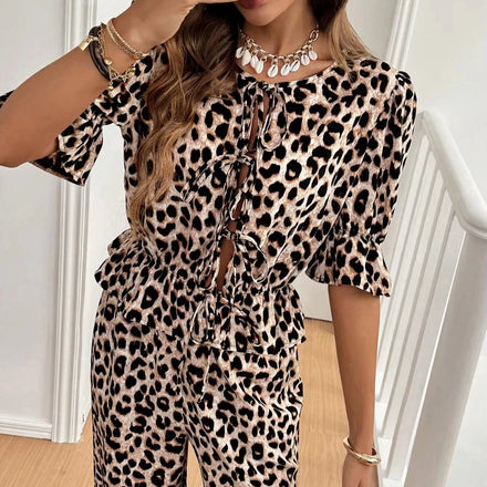 Women's Office-to-Outing Co-ord Transitional Leopard Print Two-Piece Set with Puff Sleeve Tie-Front Blouse High-Waisted Pants