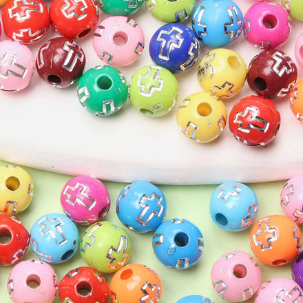 CJ Factory Wholesale Acrylic Round Spacer Beads with Cross Detail 8mm Mixed Color Loose Beads for DIY Jewelry Making