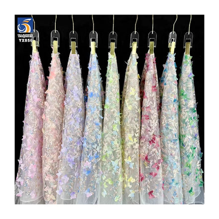 YX856 New Technology Digital Printing Colorful Gradient Butterflies 3D Mesh Tulle Fabric for Girls Embroidery Stage Tulle