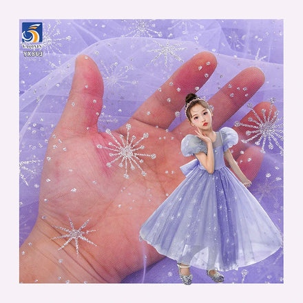YX863 Princess El-sa Skirt Dress Silver and White Glitter Snowflake Pattern Tulle Fabric Glitter Dot Tulle Mesh Fabric for Girl