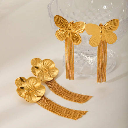Wholesale Women's Stainless Steel Butterfly Flower Tassel Stud Earring 18K Gold PVD Plated Waterproof Jewelry for Party